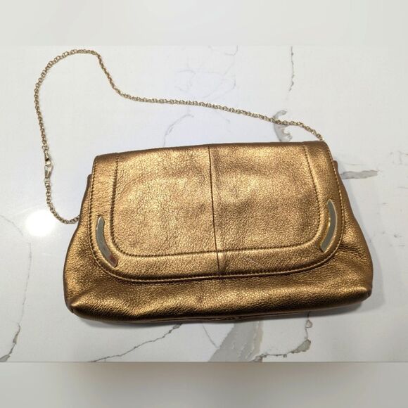 B Makowsky Gold buttery soft Leather Clutch Bag chain handle leopard lining New - Picture 1 of 13